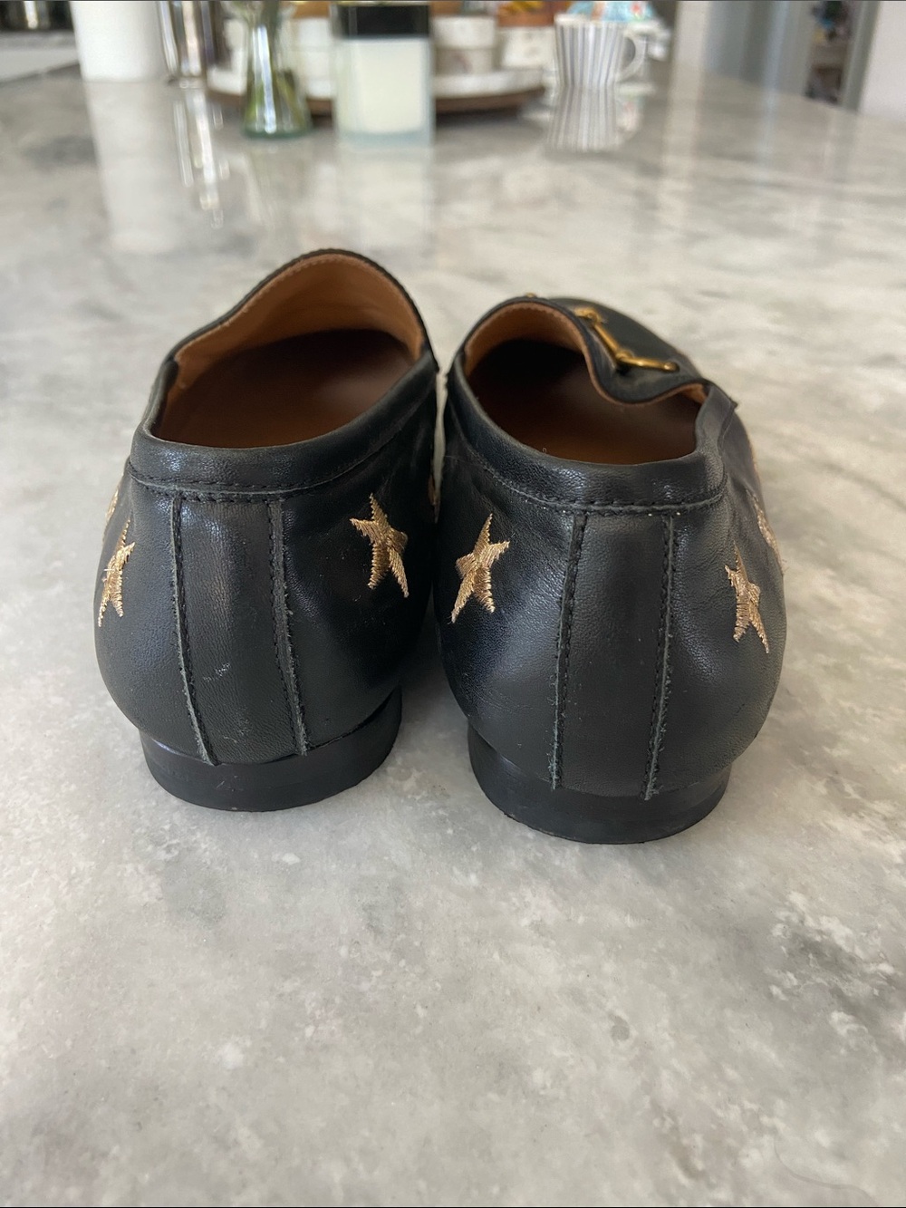 Gucci Black Leather Horsebit Loafers with Gold Embroidered Stars & Bees - Picture 4 of 9
